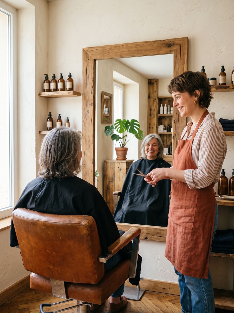 Laura, ciseaux à la main, sourit à une cliente dans le miroir