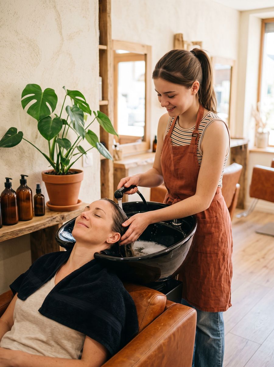 Manon rince les cheveux d'une cliente au bac