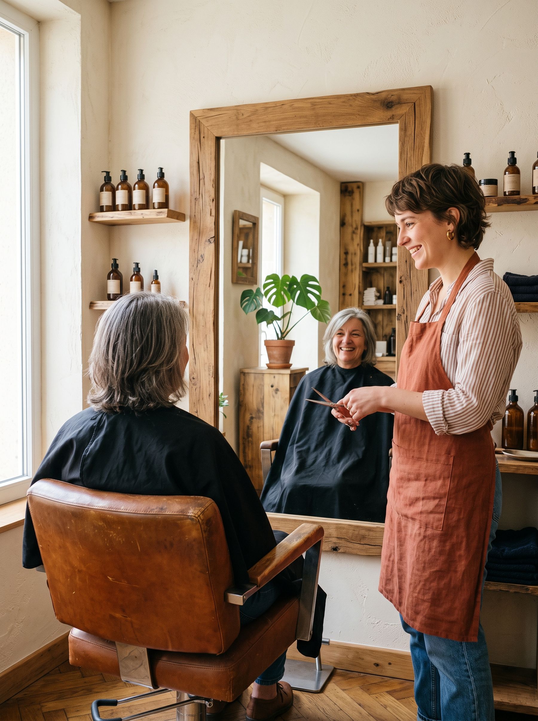 Une coiffeuse en tablier terracotta sourit à sa cliente dans le grand miroir en bois